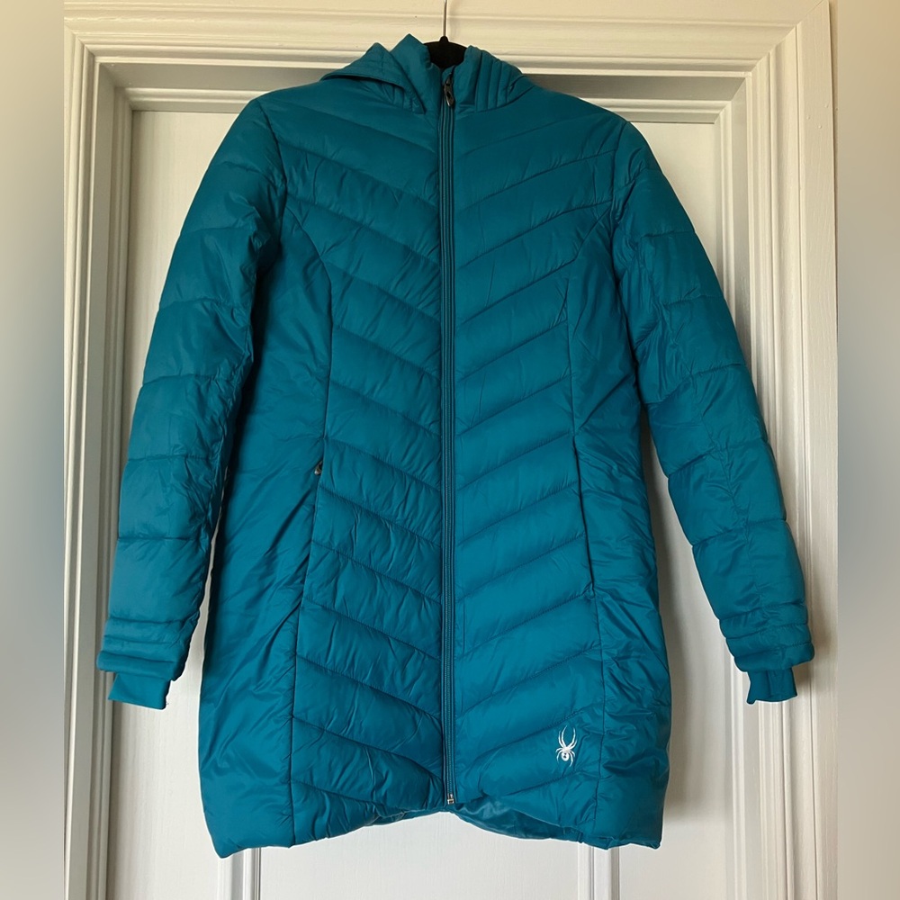 Spyder Youth XL 16 Long Quilted Puffer Winter Jacket Coat Blue Green Extra Large